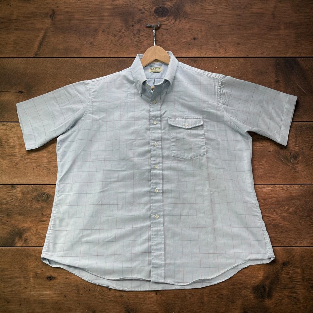 Vintage LL Bean Made in USA Blue Windowpane Oxford Shirt Short Sleeve 17.5 XL
